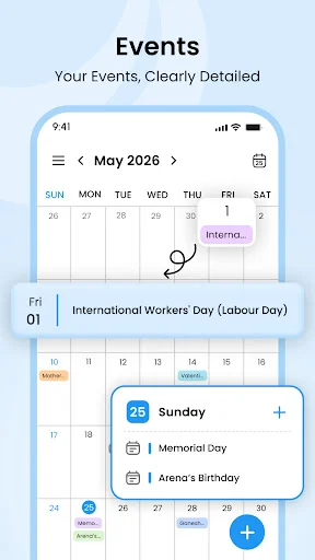 May 2026 calendar displaying detailed event list for May 25 including Memorial Day and Arena's Birthday with time slots