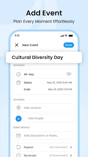 New event creation form with all-day toggle, start and end times, location, people, notes, and reminder options