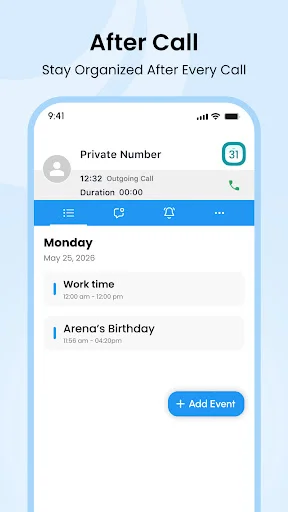 Schedule view for Monday May 25 showing outgoing call notification and upcoming events including Work time and Birthday