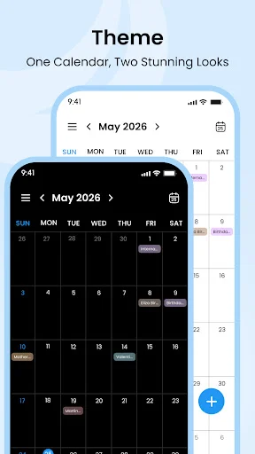 Calendar 2026 app displaying light and dark theme options for May 2026 calendar with customizable appearance settings