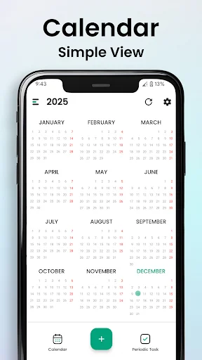 Calendar 2025 Simple View showing all 12 months in yearly grid format with Calendar, Task, and Schedule navigation tabs