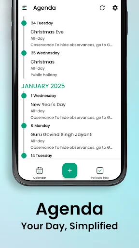 Agenda view listing upcoming events chronologically including holidays, observances, and daily schedules with full details