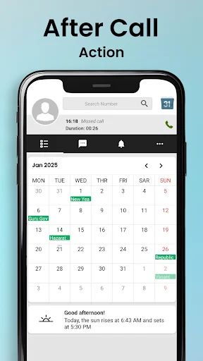 After Call Action view displaying recent call history, January 2025 calendar with highlighted events, and daily sunset times