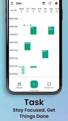 Task management view for December showing hourly time slots with multiple scheduled tasks displayed as color-coded blocks