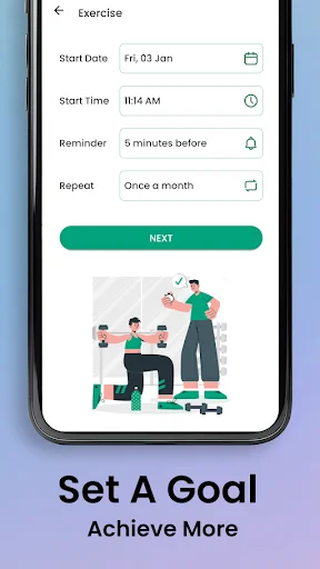 Set A Goal form for creating Exercise event with start date, start time, reminder settings, and repeat frequency options