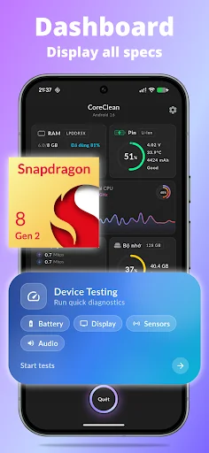 CoreClean phone cleaner dashboard displaying real-time system specs, RAM usage, storage, processor, and device testing options for battery, display, sensors diagnostics