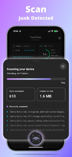 CoreClean junk scan in progress showing 71% detection complete with 610 files scanned and 1.6MB identified for removal from device storage