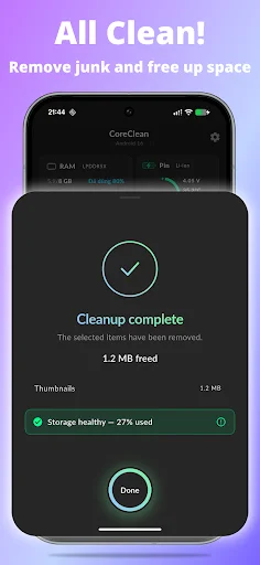 CoreClean cleanup complete confirmation screen showing successful junk removal, 1.2MB freed, and storage health status at 27% used capacity