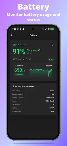 CoreClean battery monitoring screen displaying 91% charge status, voltage, current draw, and detailed battery specifications including temperature, capacity, health