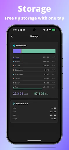 CoreClean storage analysis screen showing disk distribution breakdown by file type with Apps, Photos, Videos, Documents, and 22.3GB used of 87.3GB total