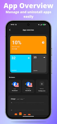 CoreClean app overview screen showing app storage usage percentages, installer vs system apps split, and individual app management with uninstall options