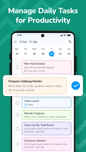 Task list for April 10-22 showing daily tasks with checkboxes, times, descriptions, and productivity features for agenda management