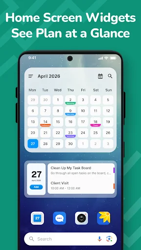 Home screen calendar widget displaying April 2028 monthly view with highlighted date and upcoming events preview for quick planning