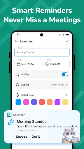 Smart reminder setup for Morning Standup meeting with date, time, all-day toggle, repeat options, and customizable color selection