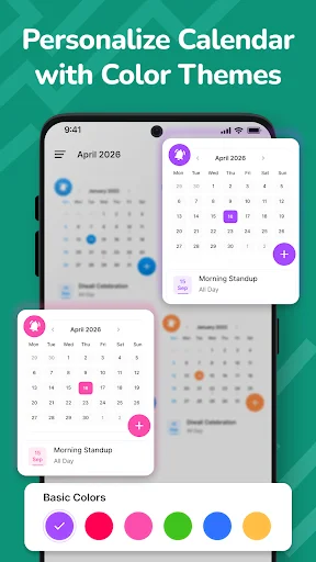 Personalized calendar views for April 2028 displaying multiple color themes with customizable event dots and color palette customization