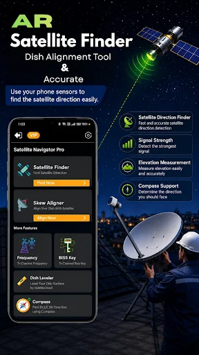 AR Satellite Finder main interface with Satellite Navigator Pro, Skew Aligner, Frequency, and Disk Loader tools for dish alignment