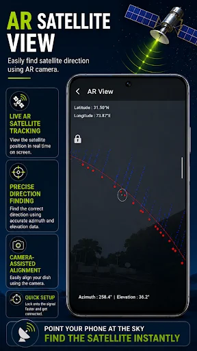 AR View live satellite tracking with camera overlay displaying real-time coordinates, azimuth, and elevation measurements