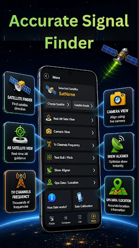 Accurate Signal Finder menu showing satellite selection, dish name, camera view, frequency, and skew aligner configuration options