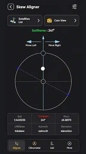 Skew Aligner circular dial tool for precise satellite dish adjustment with roll, compose, and pitch angle measurements