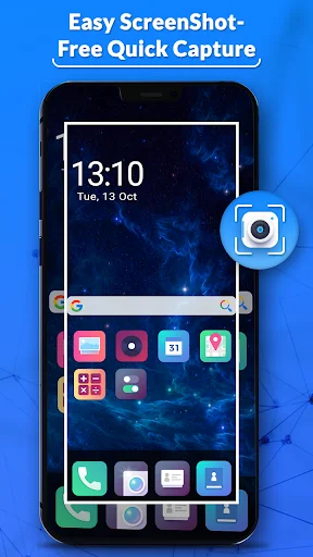 Screenshot Easy Capture app interface showing lock screen with one-click screenshot button highlighted on smartphone home