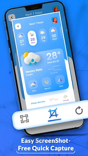 Weather app screenshot displayed in Easy ScreenShot app with bottom editing toolbar showing crop, filter, and undo options