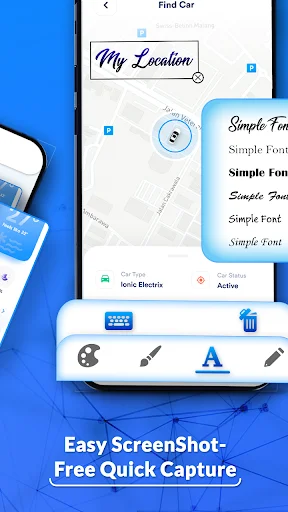 Find Car location map app screenshot with Easy ScreenShot toolbar displaying capture tools and simple font selection options