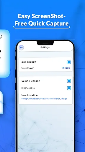 Easy ScreenShot app settings menu displaying save silently, countdown timer, sound volume, notification, and save location options