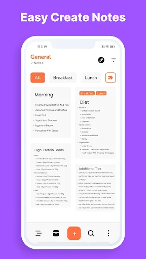 Easy Create Notes - note list interface showing General, Breakfast, Lunch, Morning, and Diet categories with search and create functionality