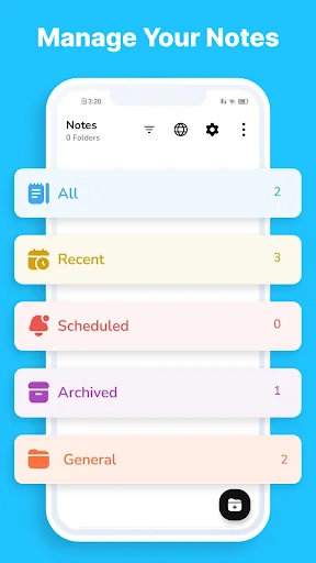Manage Your Notes - organization dashboard with All, Recent, Scheduled, Archived, and General categories displaying note counts