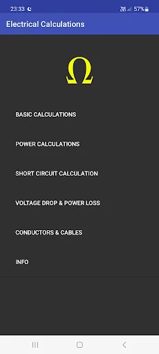 Electrical Calculations app home screen displaying navigation menu with options for basic calculations, power calculations, short circuit calculation, voltage drop and power loss, conductors and cables, and info