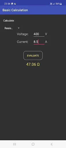 Basic Calculation screen for electrical resistance calculation showing voltage input of 400V, current input of 8.5A, with evaluate button and resistance result of 47.06 ohms