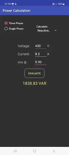 Power Calculation screen with three-phase and single-phase options, showing voltage 400V, current 8.5A, power factor 0.95, and calculated reactive power result of 1838.83 VAR