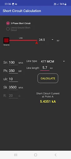 Short Circuit Calculation screen for 3-phase short circuit analysis with system parameters, line type 477 MCM, calculate button, and calculated short circuit current result of 5.4351 kA