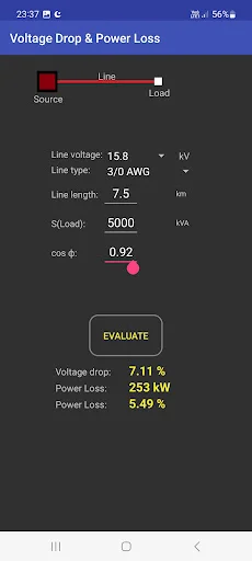 Voltage Drop and Power Loss calculator showing source to load connection, line voltage 15.6kV, 3/0 AWG conductor, 7.5km length, with results for voltage drop 7.11% and power loss 5.49%