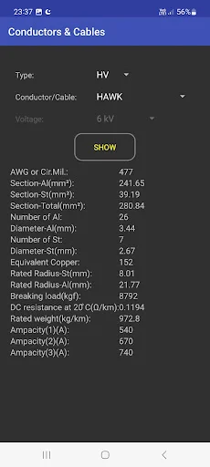 Conductors and Cables specifications database screen displaying HV type HAWK conductor at 6kV with detailed electrical properties including AWG, section area, diameter, resistance, and ampacity ratings