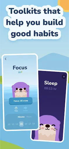 Focus timer and sleep tracking tools for habit building, displaying 15-minute focus session and sleep duration logging features