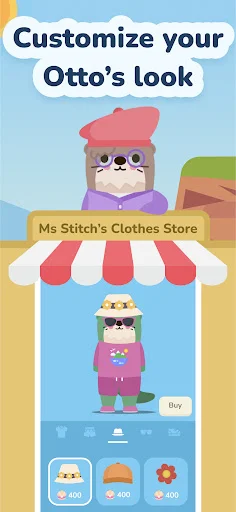 Ms Stitch's Clothes Store customization interface showing outfit options and cosmetics for personalizing Otto pet companion
