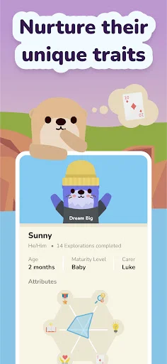 Otto pet profile displaying unique personality traits, exploration milestones, and character development attributes panel