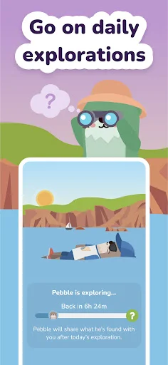 Daily exploration adventure showing companion pet Pebble discovering items with rewards, returning after timed gameplay session