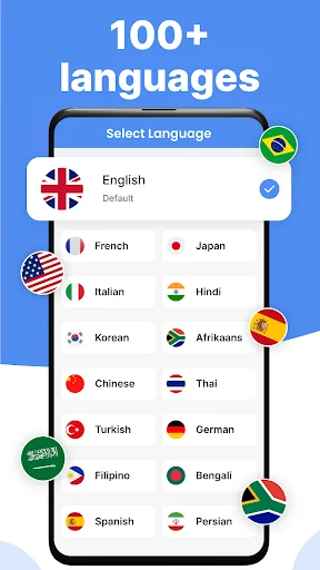 Language selection screen showing 100+ supported languages for multilingual OCR text recognition