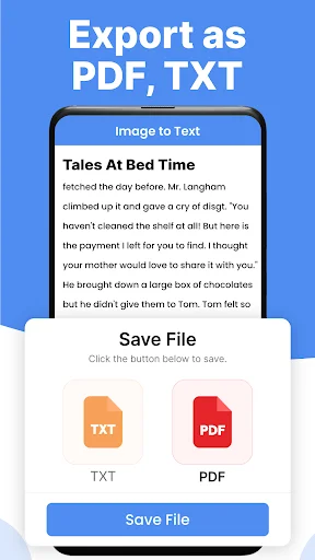 Export options interface allowing scanned text to be saved as PDF or TXT file formats