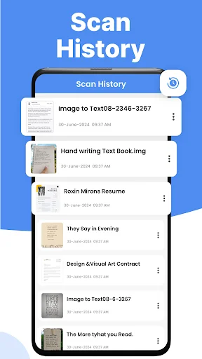 Scan History page displaying list of previously scanned documents with dates and file thumbnails