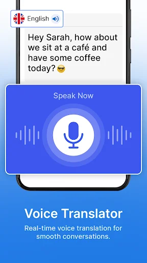 Mobile screen showing voice translator with microphone icon, 'Speak Now' button, and English text example for audio translation