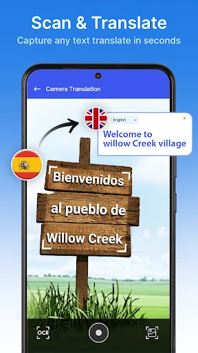 Phone camera screen capturing Spanish signage with arrow overlay and English translation popup preview for scanned text