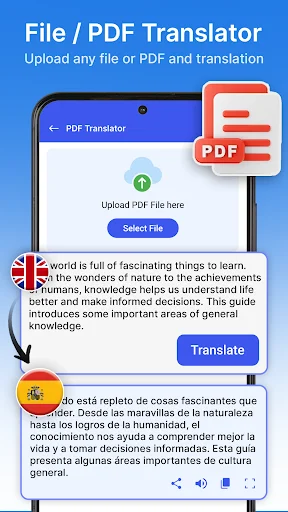 Mobile interface for PDF translator showing file upload option and English to Spanish document translation example
