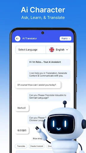 Phone screen displaying AI character chatbot translator with conversation messages and cute robot assistant for chat translation