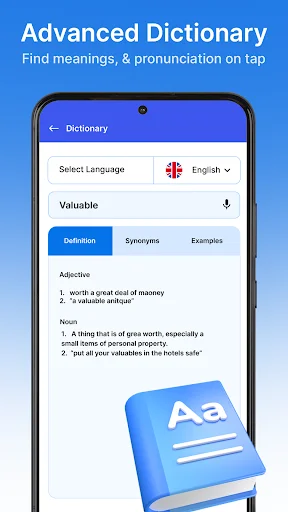 Mobile dictionary interface showing word lookup for 'Valuable' with definition, synonyms, and examples tabs and meanings