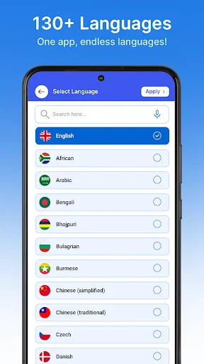 Phone screen with language selection list displaying 130+ supported languages with flag icons and search bar functionality