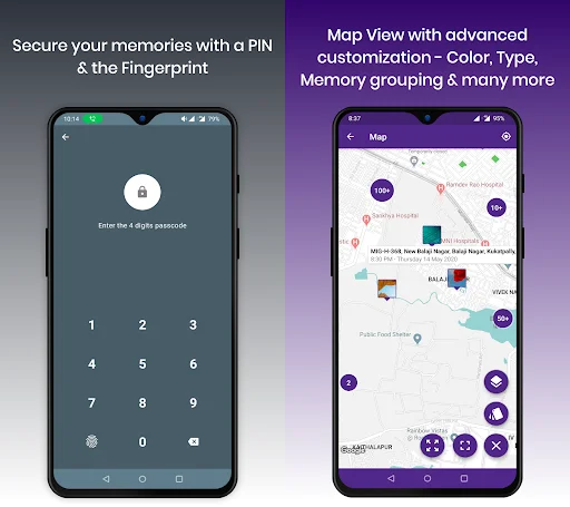 Secure PIN entry screen with 4-digit passcode and fingerprint unlock; Map view showing diary memories as customizable colored markers with location grouping