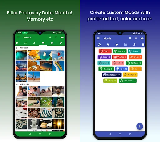 Photo gallery grid filtered by date, month and memory type; Custom mood creation interface with color-coded emotion options like happy, sad, excited